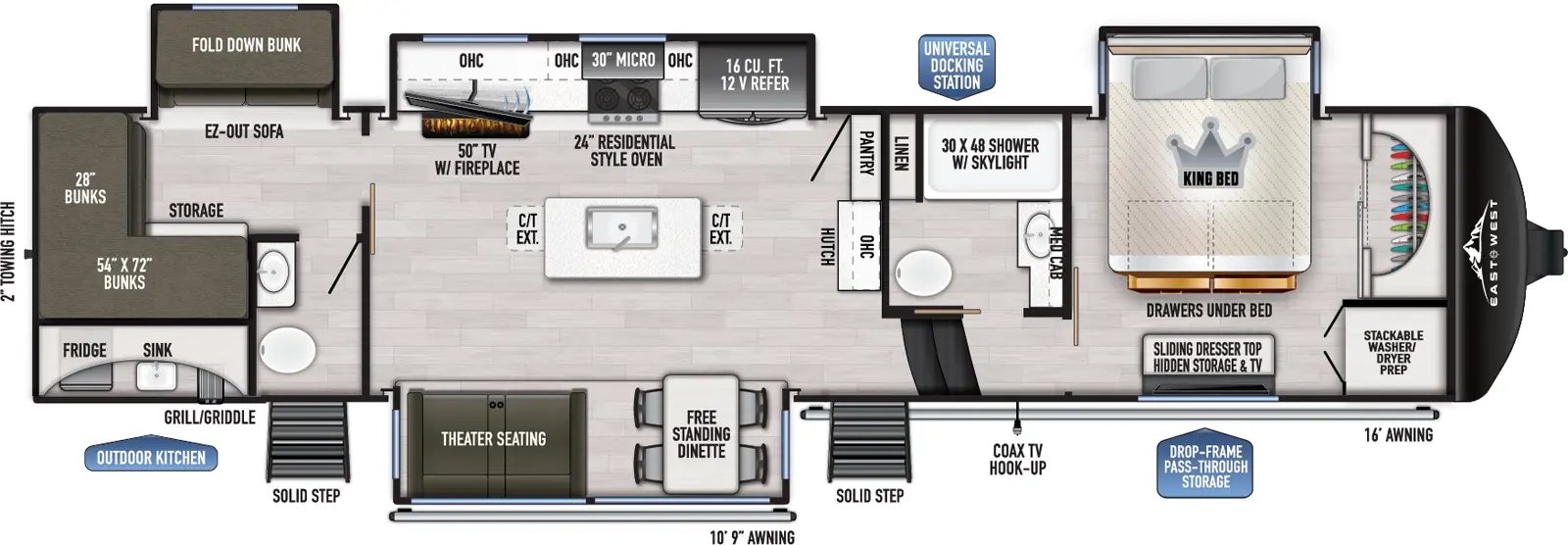 The Ahara 378BH-OK floorplan has two entries and four slide outs. Exterior features include: fiberglass exterior, 10'9" & 16' awning and outside kitchen. Interiors features include: bunk beds, kitchen island, free-standing dinette option, front bedroom and bathroom and a half.
